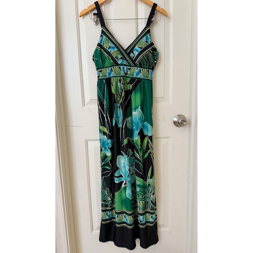 Olivia Matthews Green Tropical Floral Maxi Dress V-Neck Empire Waist Size‎ 10